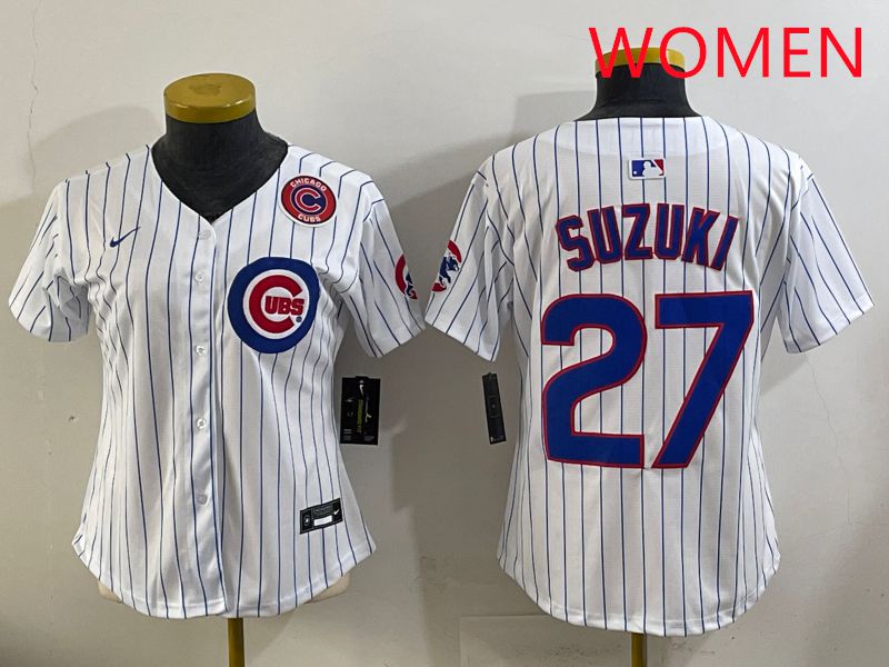 Women 2025 Chicago Cubs 27 Suzuki White Stripe Game Nike MLB Jersey style 6